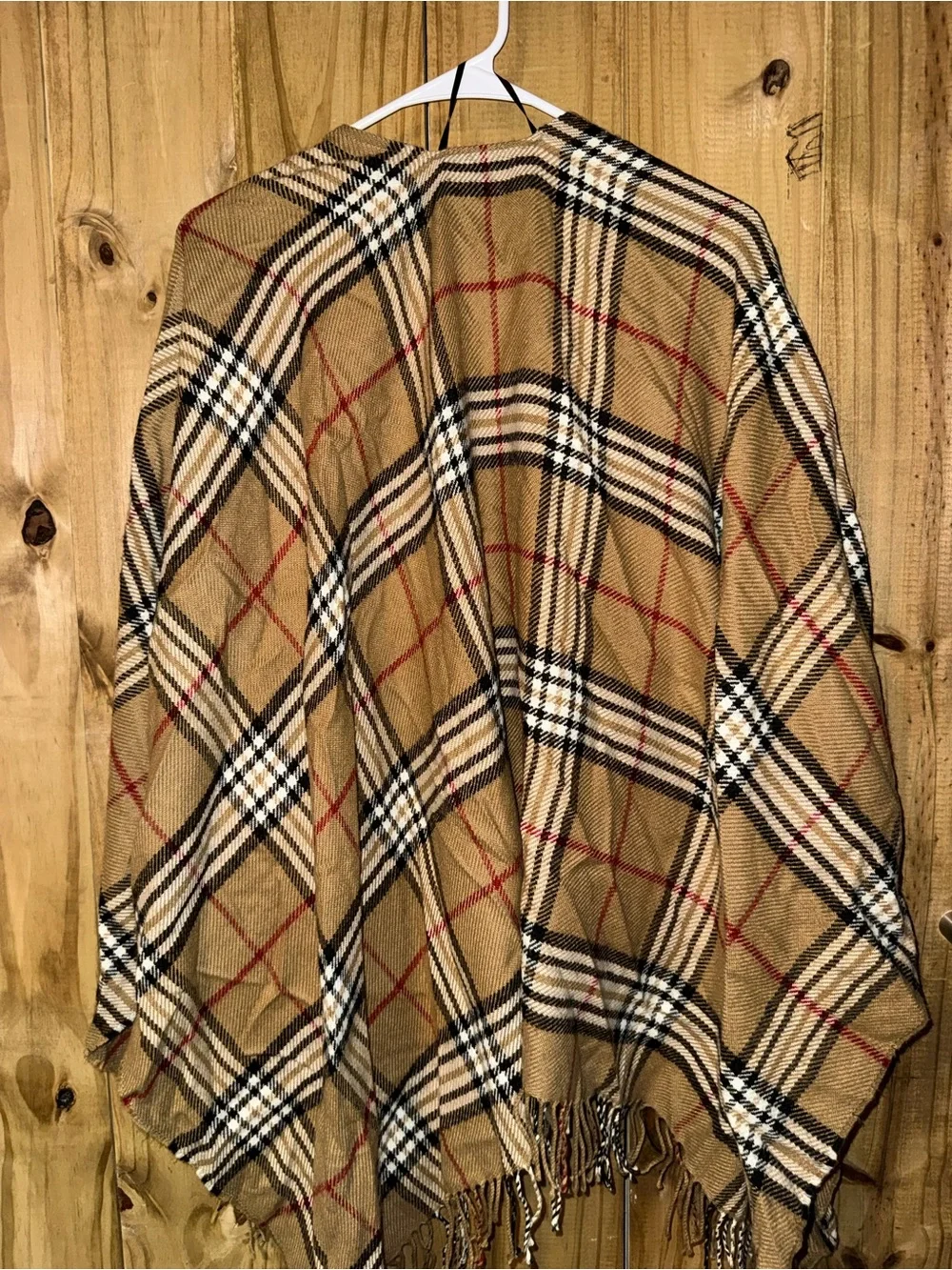 V. FRAAS Tan Plaid Fringe Shawl with Black, White, and Red Accents